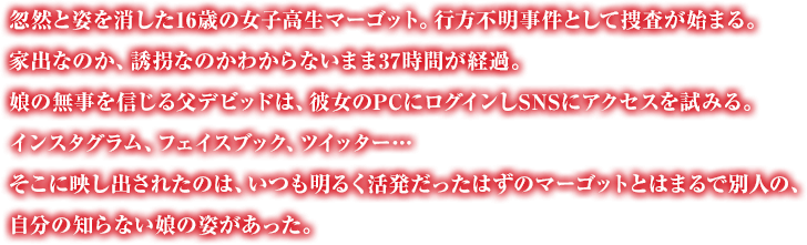 忽然と姿を消した16歳の女子高生マーゴット。行方不明事件として捜査が始まる。家出なのか、誘拐なのかわからないまま37時間が経過。娘の無事を信じる父デビッドは、彼女のPCにログインしSNSにアクセスを試みる。インスタグラム、フェイスブック、ツイッター…そこに映し出されたのは、いつも明るく活発だったはずのマーゴットとはまるで別人の、自分の知らない娘の姿があった。